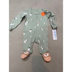 Carters‎ Newborn Girl Bee Floral Footed Pajamas Sleepsuit Green White 0-1 Month